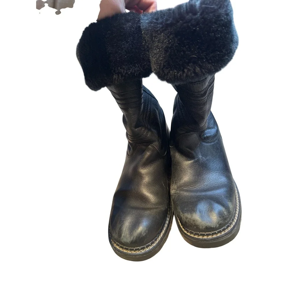GH Bass Womens Black Leather Faux Fur‎ Trim Winter Boots Lug Sole Rear Zip
